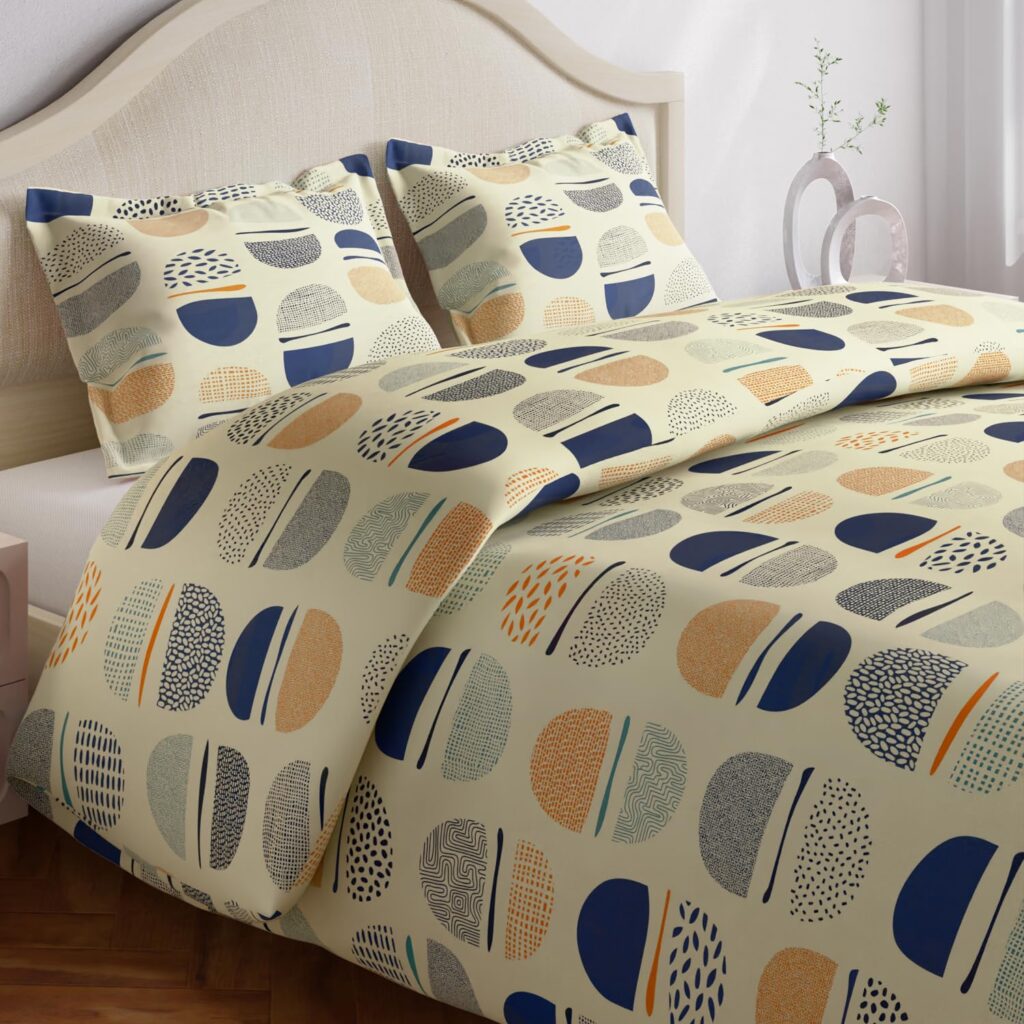 haus & kinder Double King Flat Bedsheet with 2 Pillow Covers, King Size for Double Bed Sheet, 100% Cotton Flat King Size Bedsheets, 144 TC, Semi Circle, Multicolor