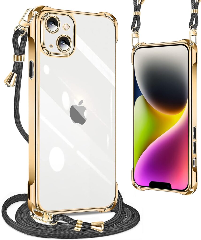 iPhone 14 Case, 2022 Release, Clear Neck, Shoulder Shockproof, Strap Included, iPhone 14 Smartphone Case, iPhone 14 Cover, Transparent TPU, Thin, Lightweight, Smartphone Silicone Cover, With Drawstring, Crossbody Design, Crossbody, Multi-Purpose Carry Design, Fashion Design (Gold)
