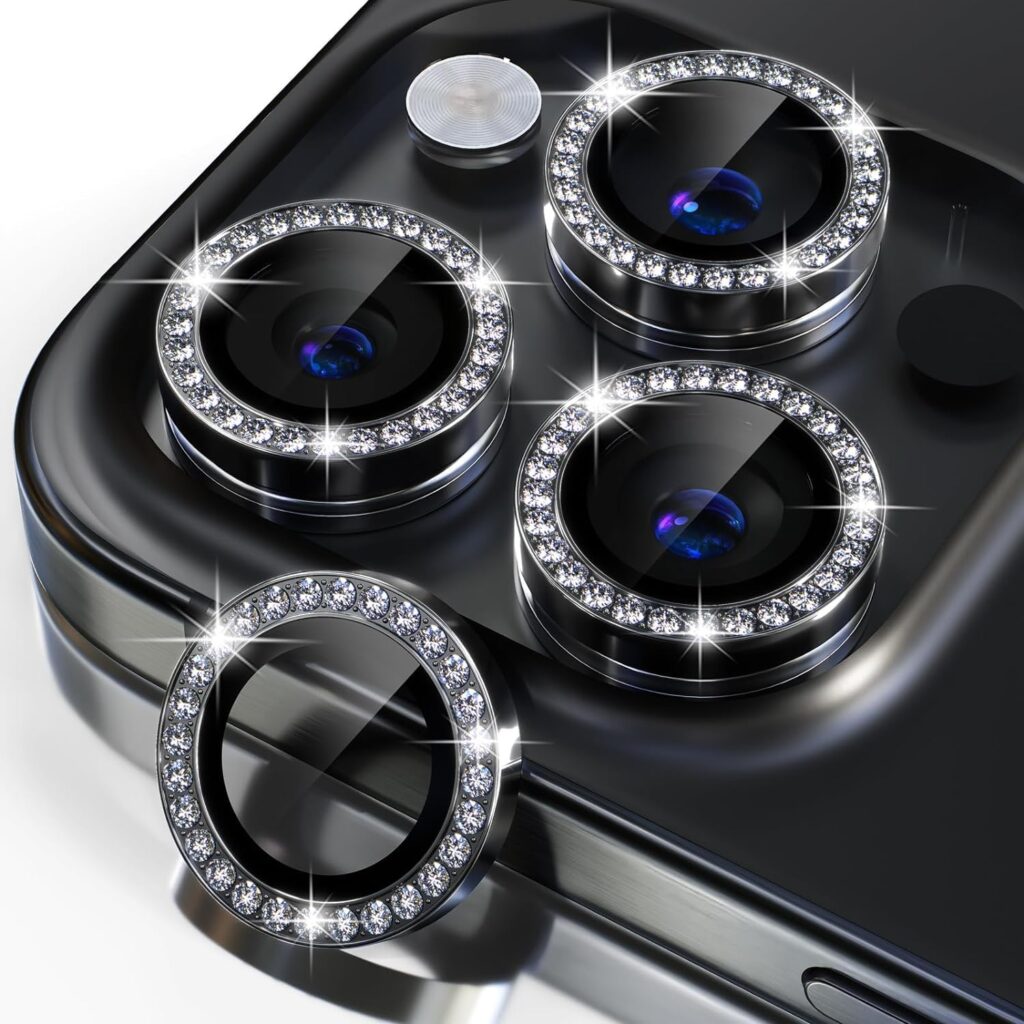 iPhone 14 Pro / 14 ProMax / 15 Pro / 15 ProMax Diamond Camera Lens Protector - Anti-Scratch [9H Hardness] Tempered Glass, Aluminum Ring (Full Coverage, Case-Friendly) - Black