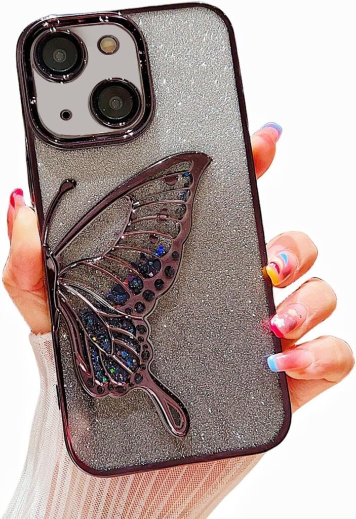 mobistyle Designed for iPhone 14 Plus Cover with Glitter Cute Butterfly Electroplating Design Back Cover Case for Women Teen Girls (Black)