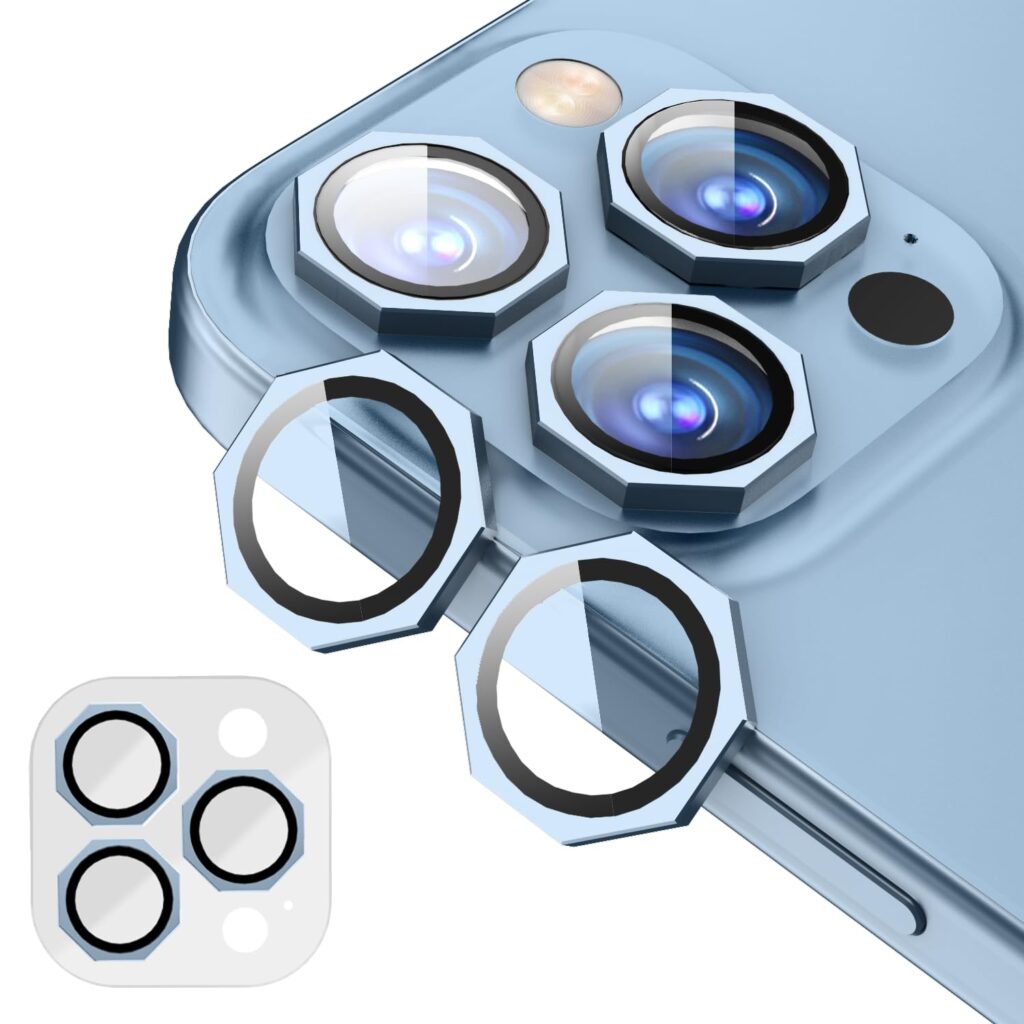 GadgetBite Snaptra Octagon Lens Protector Compatible With iPhone 13 Pro & iPhone 13 Pro Max – 9H Tempered Glass Camera Cover with Metal Ring, Scratch-Resistant,Camera Lens Protection - Sierra Blue