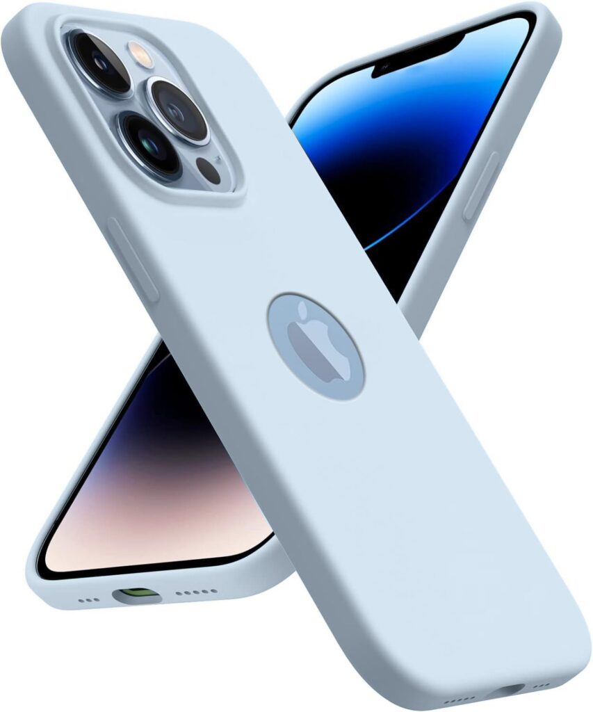 Elzzi Microfiber Logo Cut Cover Compatible for iPhone 13 Pro Max Case Cushion Liquid Soft Silicone Gel Rubber Cases Full Body Protective Shockproof Back Cover 6.7 inch, Mist Blue