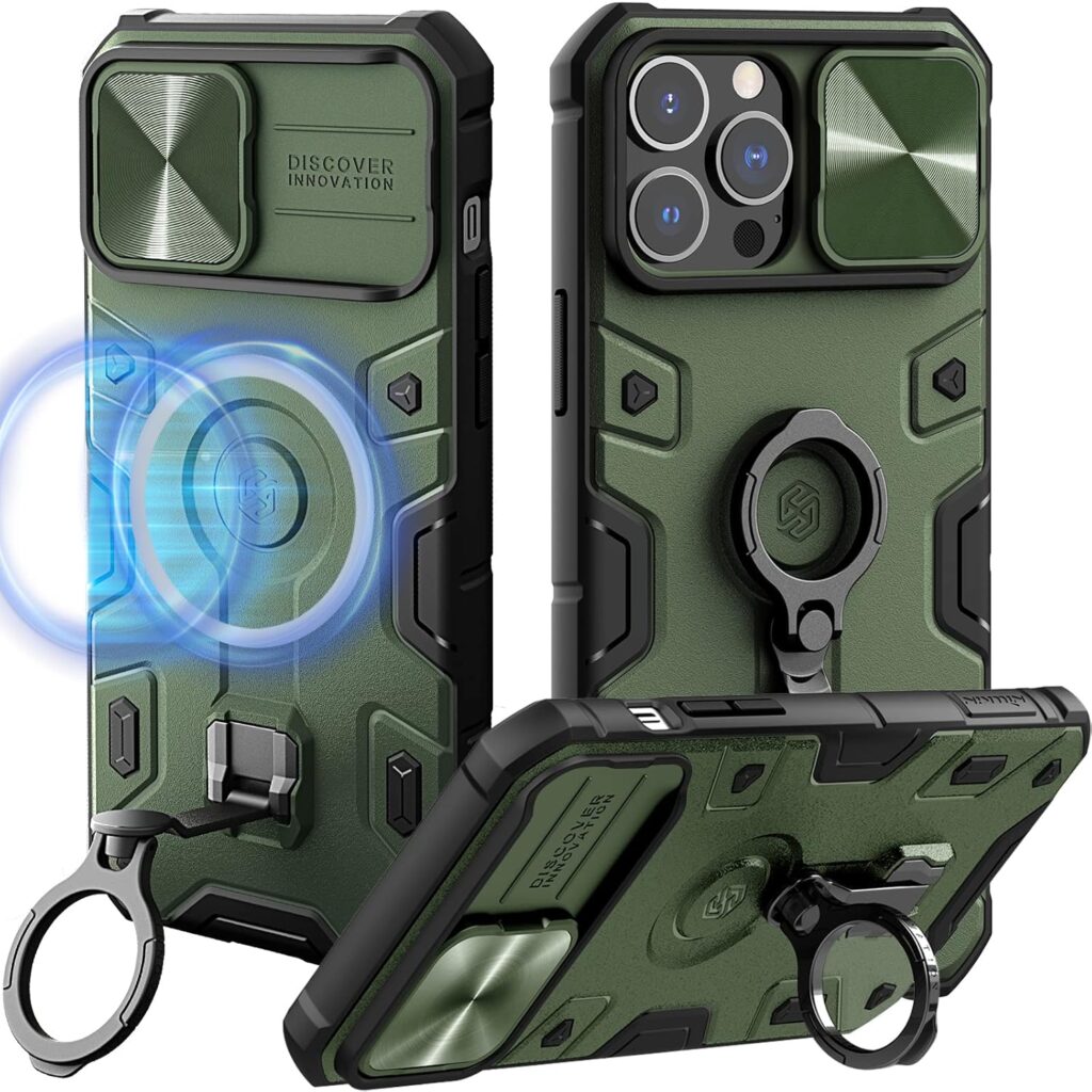 Nillkin Case for Apple iPhone 13 Pro Max (6.7" Inch) CamShield Armor Pro Camera Slider Military Protect Dual 180° Rotate Ring Stand Easy Hold & Wireless Charge + Mag Safe TPU + PC Kickstand Green