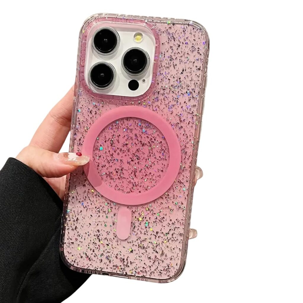 PEEPERLY Back Cover Case for iPhone 13 Pro Max Scratch Resistant Anti-Slip Shockproof Protective Durable Holo Glitz Case for Girls & Women(Pink)