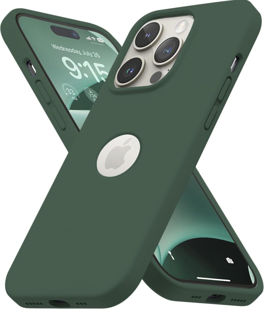 Elzzi Microfiber Logo Cut Cover Compatible for iPhone 13 Pro Max Case Cushion Liquid Soft Silicone Gel Rubber Cases Full Body Protective Shockproof Back Cover 6.7 inch, Forest Green