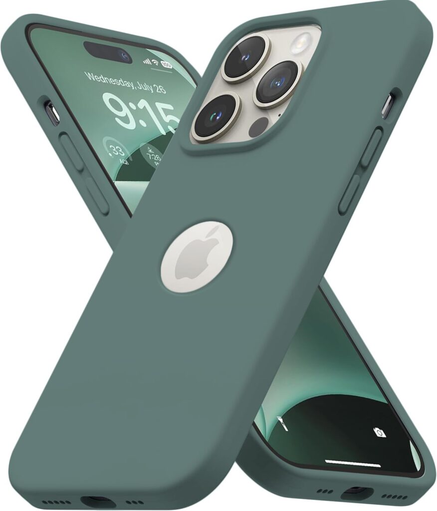 Elzzi Microfiber Logo Cut Cover Compatible for iPhone 13 Pro Max Case Smooth Cushion Liquid Soft Silicone Gel Rubber Phone Cases Full Body Protective Shockproof Back Cover 6.7 inch, Pine Green