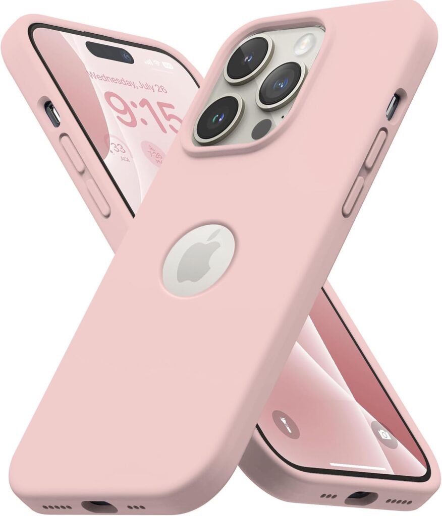 Elzzi Microfiber Logo Cut Cover Compatible for iPhone 13 Pro Max Case Cushion Liquid Soft Silicone Gel Rubber Cases Full Body Protective Shockproof Back Cover 6.7 inch, Sand Pink