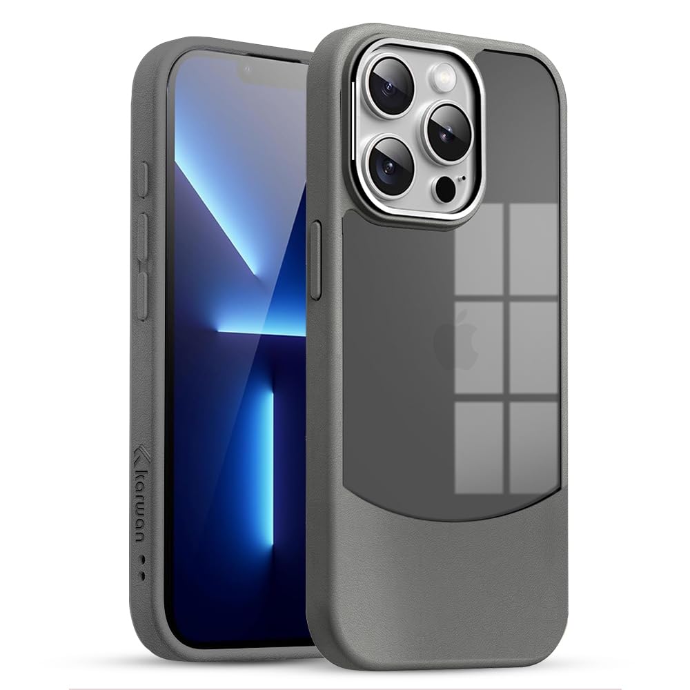 KARWAN®️Fusion Edge Leather Transparent Mobile Back Case | Slim Fit | Anti-Fingerprint| Scratch-Resistant | Premium Grip | Shockproof case | Back Cover for iPhone 13 Pro Max || Grey