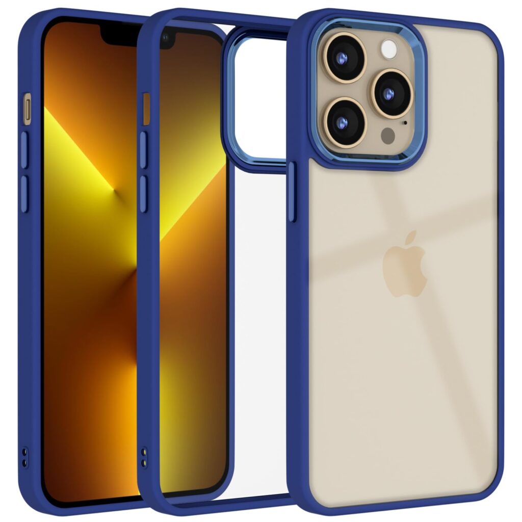 Amazon basics Cover for iPhone 13 Pro Max |Electroplated Crome Metal Ring | Full Camera Protection | Raised Edges | Super Soft Side TPU Bumper Case (Darkblue)