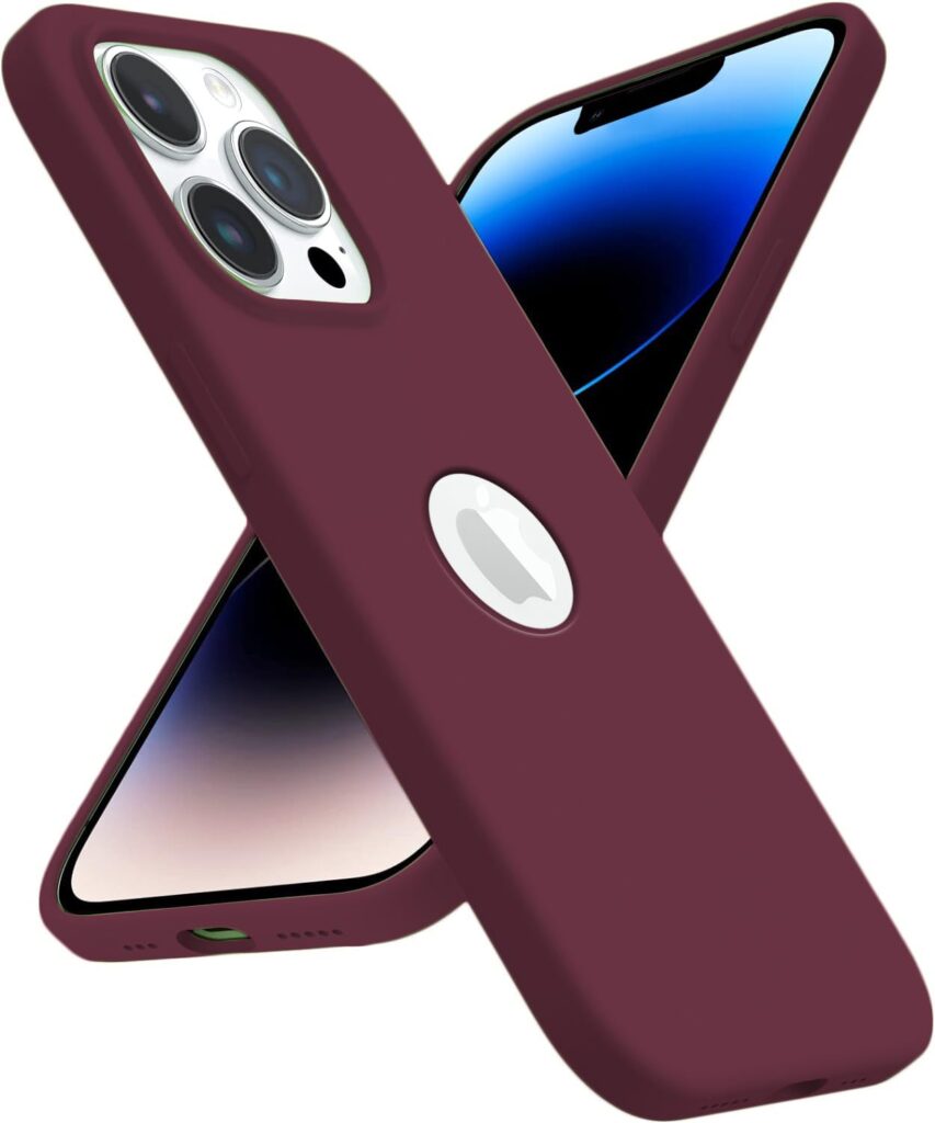 Elzzi Microfiber Logo Cut Cover Compatible for iPhone 13 Pro Max Case Cushion Liquid Soft Silicone Gel Rubber Cases Non-Slip Full Body Protective Shockproof Back Cover 6.7 inch, Wine Red