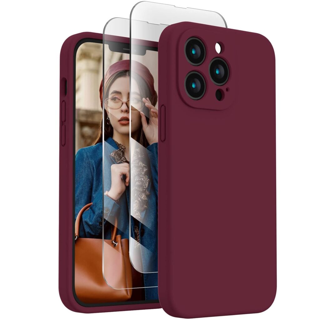 FireNova Designed for iPhone 13 Pro Max Case, Silicone [Camera Protection] Phone Case with [2 Screen Protectors], Soft Anti-Scratch Microfiber Lining Inside, 6.7 inch, Plum