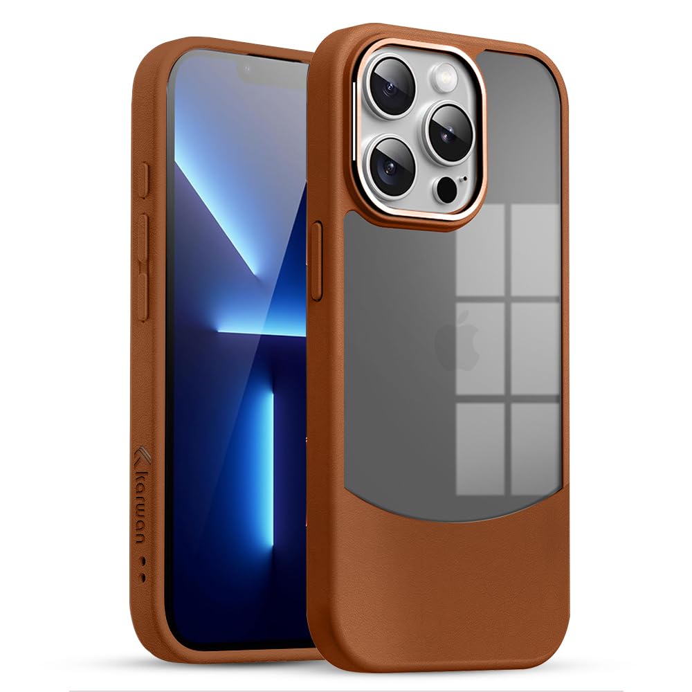 KARWAN®️Fusion Edge Leather Transparent Mobile Back Case | Slim Fit | Anti-Fingerprint| Scratch-Resistant | Premium Grip | Shockproof case | Back Cover for iPhone 13 Pro || Brown