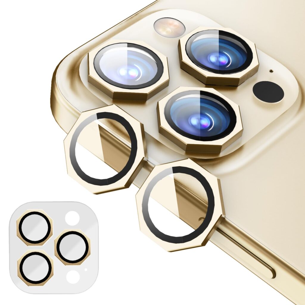 GadgetBite Snaptra Octagon Lens Protector Compatible With iPhone 13 Pro & iPhone 13 Pro Max β 9H Tempered Glass Camera Cover with Metal Ring, Scratch-Resistant,Camera Lens Protection - Gold