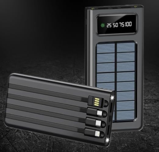 Solar Power Bank, 10000mAh, 15W Fast Charging, Solar Panel, 4 Cables, 4 Output Ports, 3 Input, Digital Display, LED Torch for Smartphones, Black/White