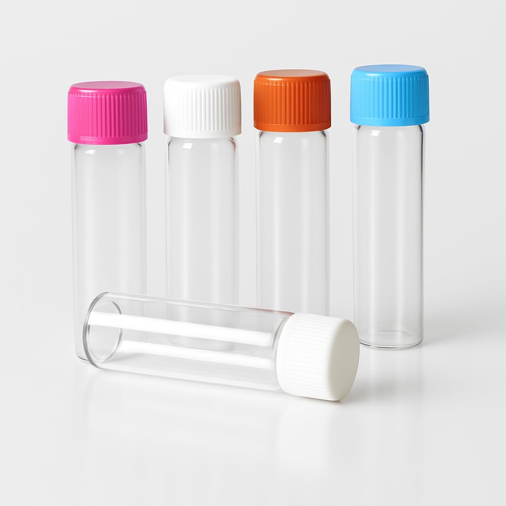 5ml Clear Glass Vials with Color Screw Caps (Pack of 10) – Small Sample Bottles for Essential Oils, Perfumes, Serums, and Laboratory Use – Airtight, Reusable Mini Glass Containers
