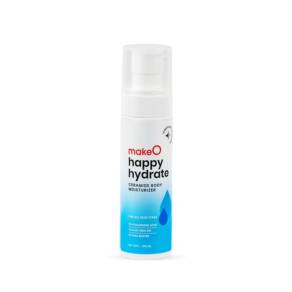 makeO Happy Hydrate Ceramide Body Moisturizer | 100 ml | Aloe Vera & Hyaluronic Acid | Moisturized & Hydrated Skin | Ceramide oil free moisturizer with Shea Butter | Vegan & Cruelty Free | Men & Women