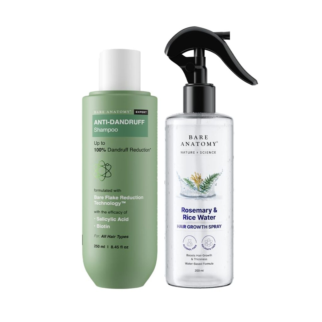 Bare Anatomy Anti-Dandruff Shampoo (250 ml) + Rosemary Water Spray for Hair Growth & Thickness (200 ml) | Reduces Dandruff, Strengthens Hair, 100% Natural Extracts | Non-Greasy, Fast Absorbing | For All Hair Types