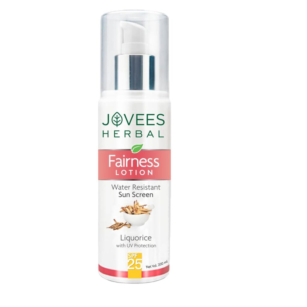 Jovees Herbal Sunscreen Fairness SPF 25 Lotion for Face | Oily & Sensitive Skin | Lightweight, Fast Absorbing, Non-Greasy | UVA/UVB Protection, Prevents Tanning & Uneven Skin Tone | No White Cast - 200ml