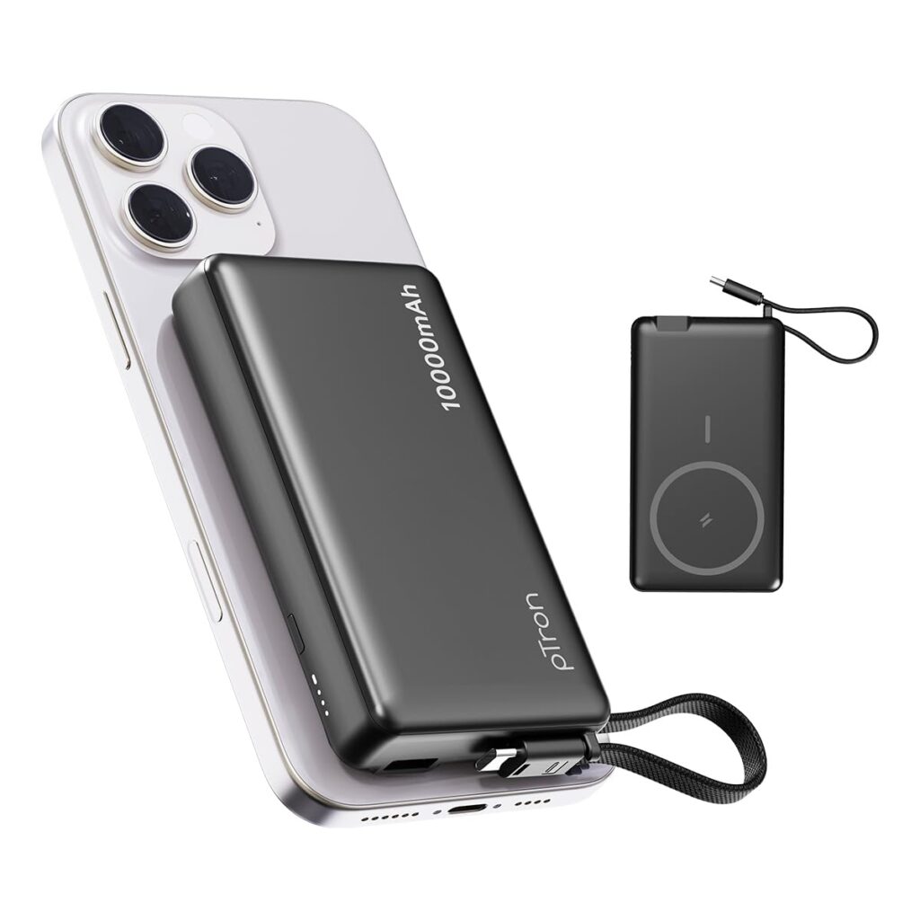 pTron Dynamo Dash Magnetic Wireless 10000mAh Fast Charging Slim Power Bank, MagSafe, 22.5W Output, Compatible w/iPhone 12/13/14/15/16, Android & Other Qi Enabled Devices, Type-C Input (Black)