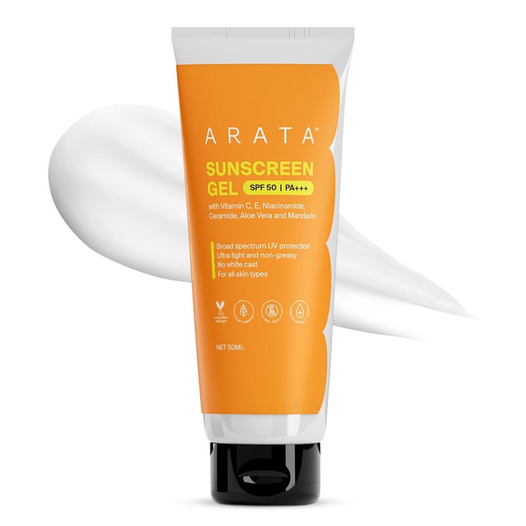Arata Sunscreen Gel | SPF 50, PA+++ | Broad Spectrum UV Protection | Ultra-Light & Dewy Finish | No White Cast | Even & Glowing Skin | Niacinamide & Ceramide | Derma-Tested | For Men & Women | 50ML