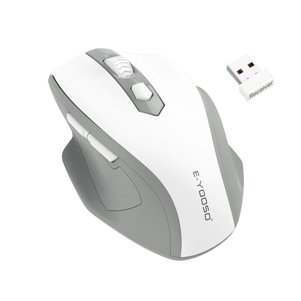 E-YOOSO Wireless Mouse, 2.4G USB Computer Mouse with 5 Levels 4000 DPI, 18 Months Battery Life, Ergonomic Grips, 6 Buttons Large Optical Mouse for Laptop, Mac, PC, Chromebook, Notebook (White Gray)