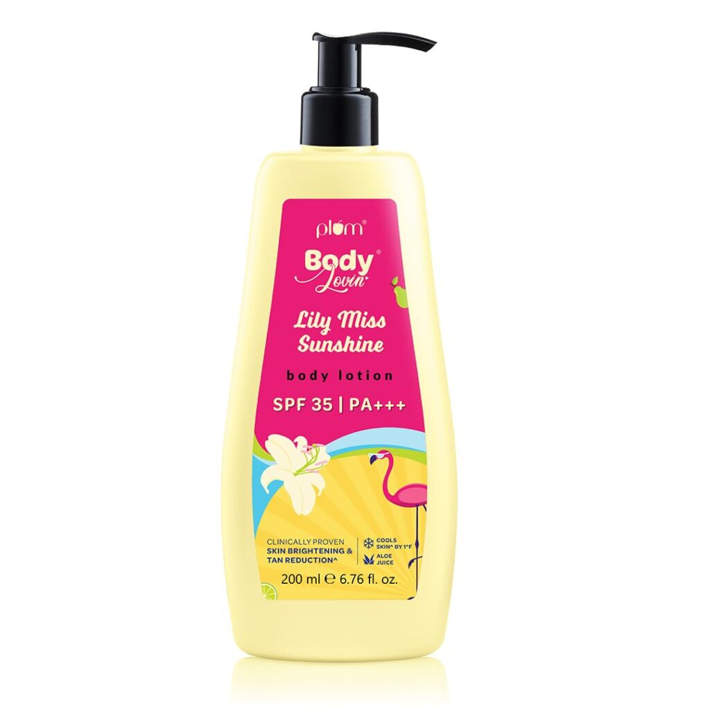 Plum BodyLovin' Lily Miss Sunshine SPF 35 PA+++ Sunscreen Body Lotion For Summers | No White Cast | Broad Spectrum UVA & UVB Protection | Aloe Juice Cools Skin by 1°| Hydrates Up to 72 Hours | Fruity Floral Fragrance - 200ml