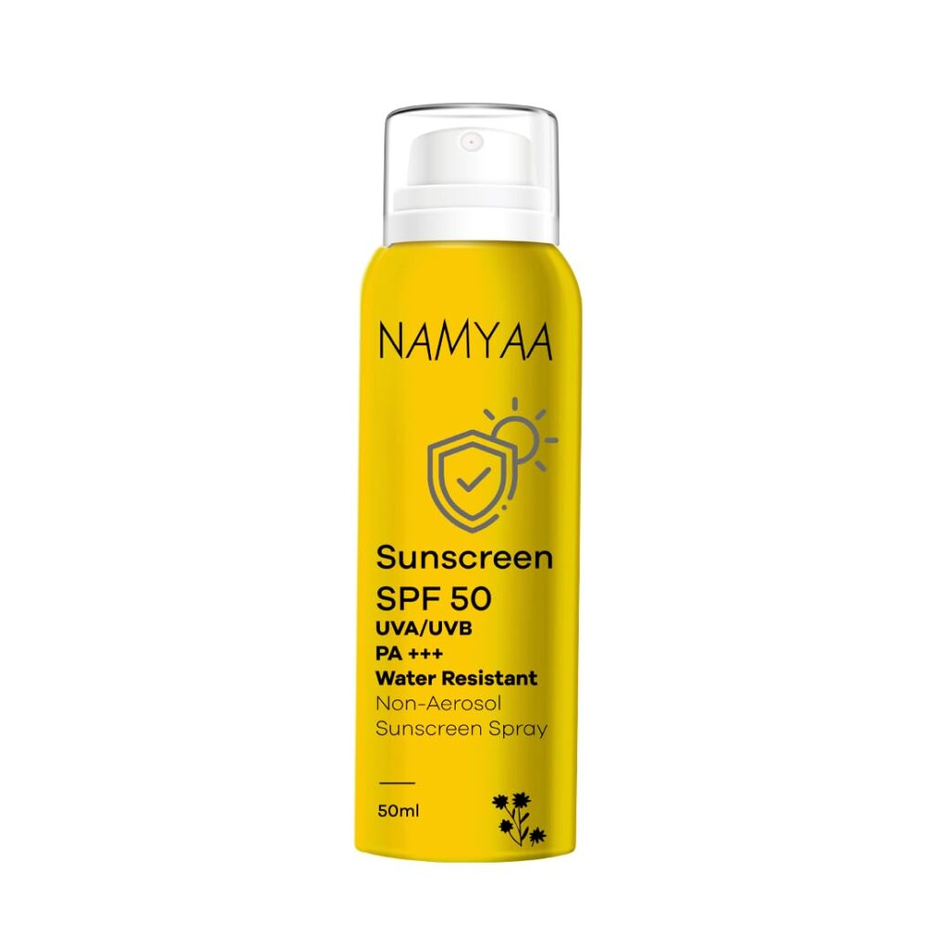 Namyaa Sunscreen Spray SPF50 For Sun Protection Against UVA/UVB With PA+++ (50ml) | Water Resistant & Non-Aerosol Sunscreen Spray Long-lasting Protection for All Skin Types | No White Cast | Light weight & Invisible | Pack of 1