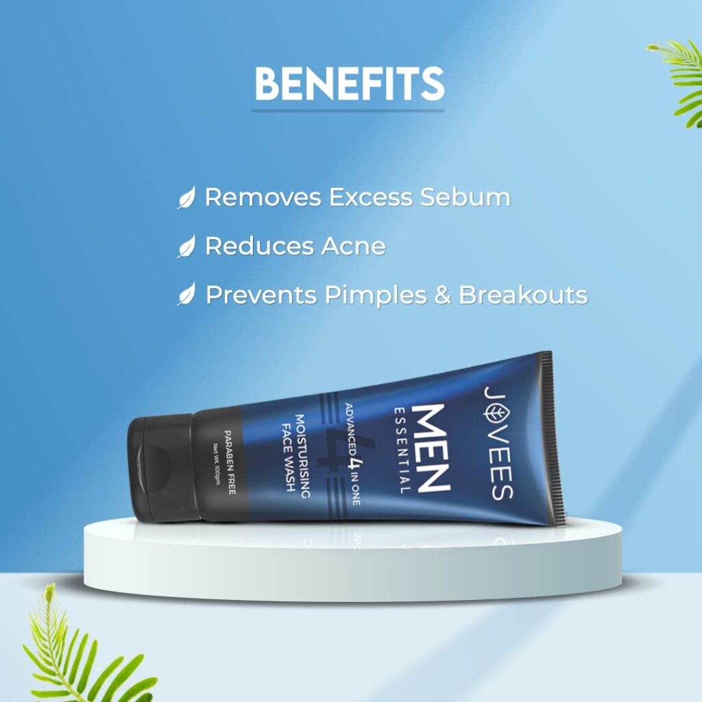 Jovees Herbal Men's Essential Advanced 4 in 1 Moisturizing Face Wash | Fight Acne & Pimples, Brighten Skin, Clears Dirt, Oil Control, Refreshing Feel | with Vit C & Vit E | Deep Pore Cleaning | For All Skin Type 100g (Pack of 3)