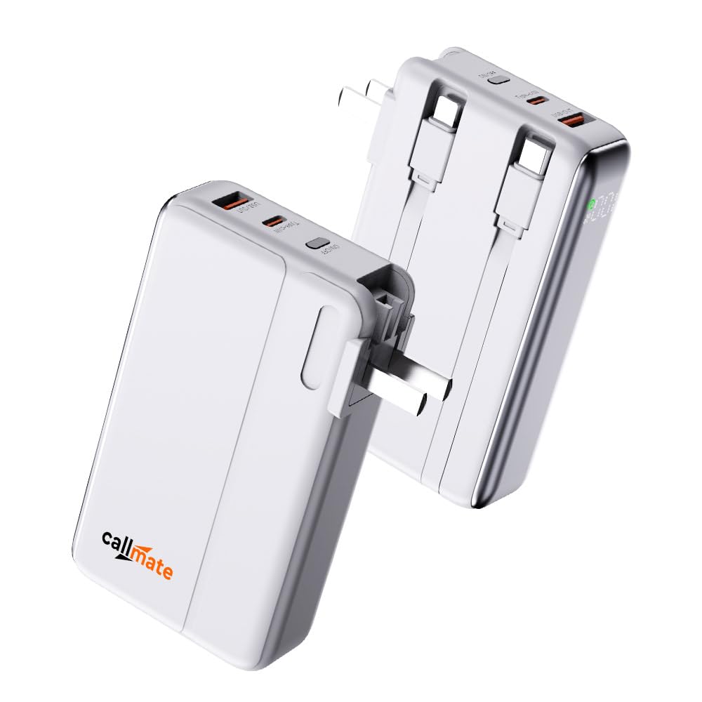 CALLMATE Unicharge 23W PD Fast Charging 10000mAh Power Bank with Inbuilt Charger, Dual Output Port (USB-A & USB-C PD), & Inbuilt Cable (Light-ning & Type C), AC & USB-C Input (White)