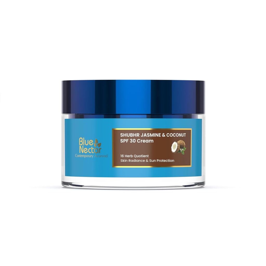 Blue Nectar Coconut Face Cream with SPF 30 Sunscreen for Women | Plant Based Oil Free Moisturizer for Face with Vitamin E | Brightening Sunscreen for Oily, Dry & Sensitive Skin (16 Herbs, 50g)