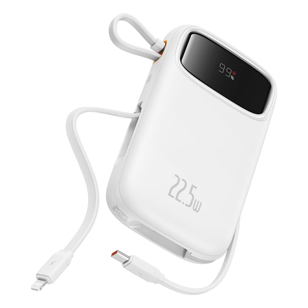 Baseus Qpow2 Dual-Cable Digital Display Fast Charge Power Bank 10000mAh 22.5W Stellar White(with: Simple Charging Cable Type-C 3A 0.3m White)