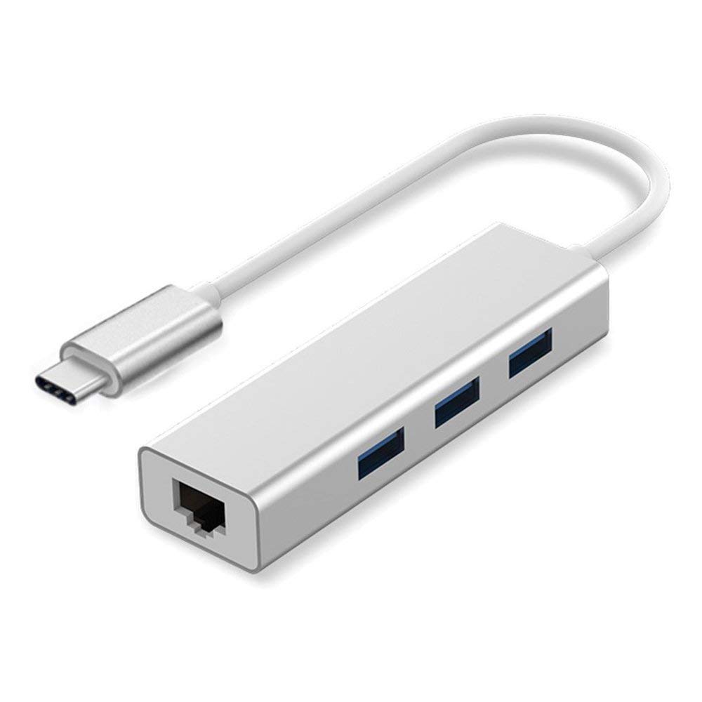 3-Port USB Hub + RJ45 Adapter 3.1 - Type-C to Gigabit Ethernet LAN Network + 3 USB Ports Converter for MacBook/Pro/iMac/ChromeBook/Pixel Type-C Devices