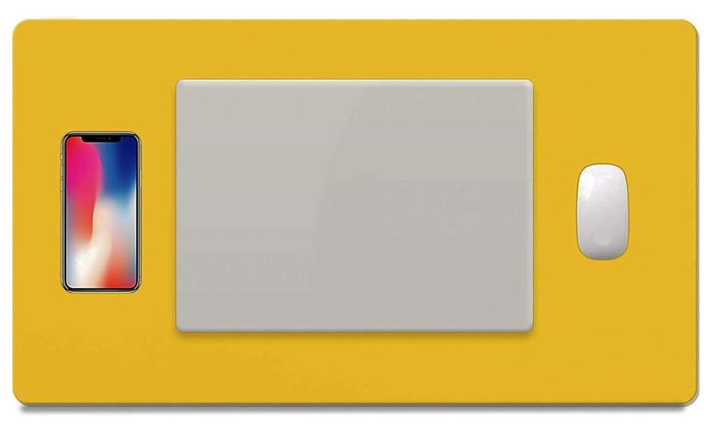 Multifunctional Office Desk Pad, Ultra Thin Waterproof PU Leather Mouse Pad, Dual Use Desk Writing Mat for Office/Home (60 * 35, Yellow)