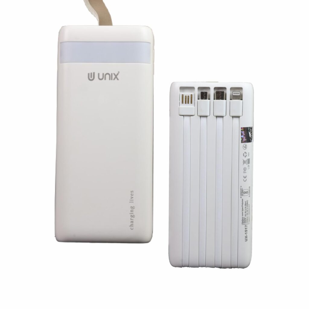Unix UX-1517 20000mAh Power Bank with 4-in-1 Built-in Cables, LED Light & Digital Display | Fast Charging 10W Li-Polymer Battery |All Android & iOS Devices - No Need to Carry USB Cables - White