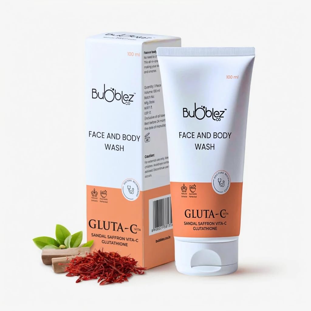 Bubblez Cosmetics Gluta-C Face & Body Wash with Glutathione, Vitamin C, Sandalwood & Saffron for Brightening & Even Skin Tone | Reduces Tan & Pigmentation | For Men & Women | All Skin Types | 100ml