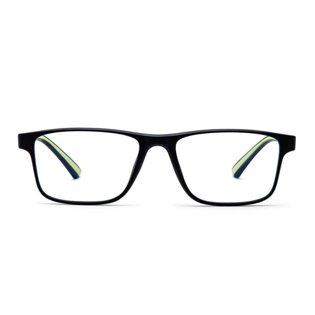 Intellilens | Zero Power Blue Cut Computer Glasses | Anti Glare, Lightweight & Blocks Harmful Rays | UV Protection Specs | For Men & Women | Black & Green | Square | Medium