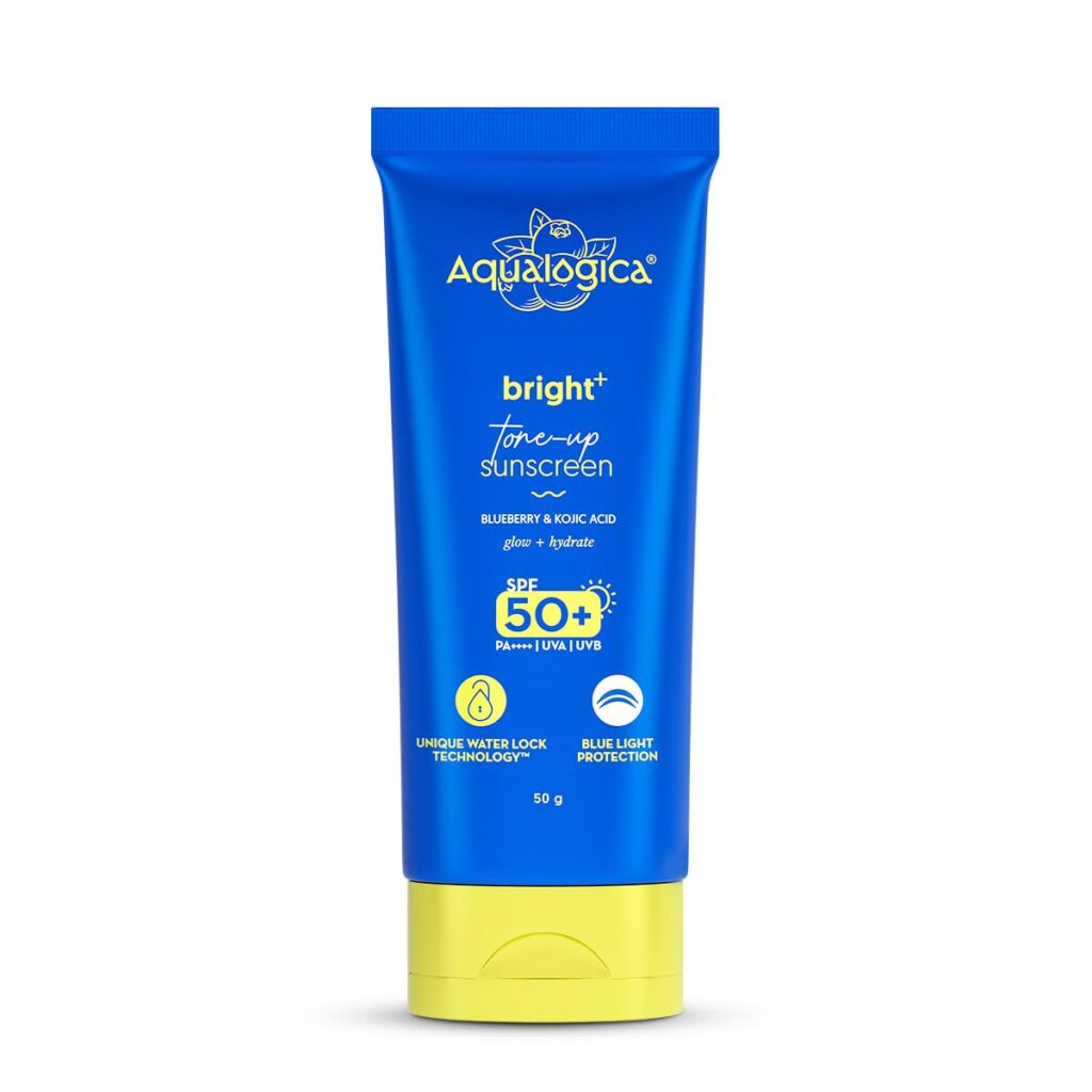 Aqualogica Bright+ Tone Up Sunscreen | Broad Spectrum SPF 50+ PA++++ with Kojic Acid & Blueberry | UVA/B & Blue Light Protection | Instantly Brightens | Lightweight, Non-Greasy, No White Cast | All Skin Types | Fragrance-Free | 50g