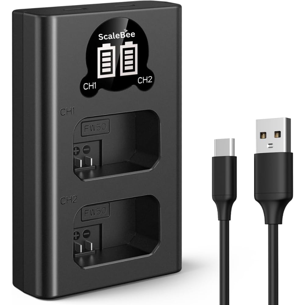 Scalebee NP-FW50 Battery Charger, LCD Dual Charger Compatible with Sony Alpha A6000, A6400, A6100, A6300, A6500, A5100, A7, A7 II, A7R, A7R II, A7R2, A7S, A7S II, A7S2, A5000, A3000, RX10