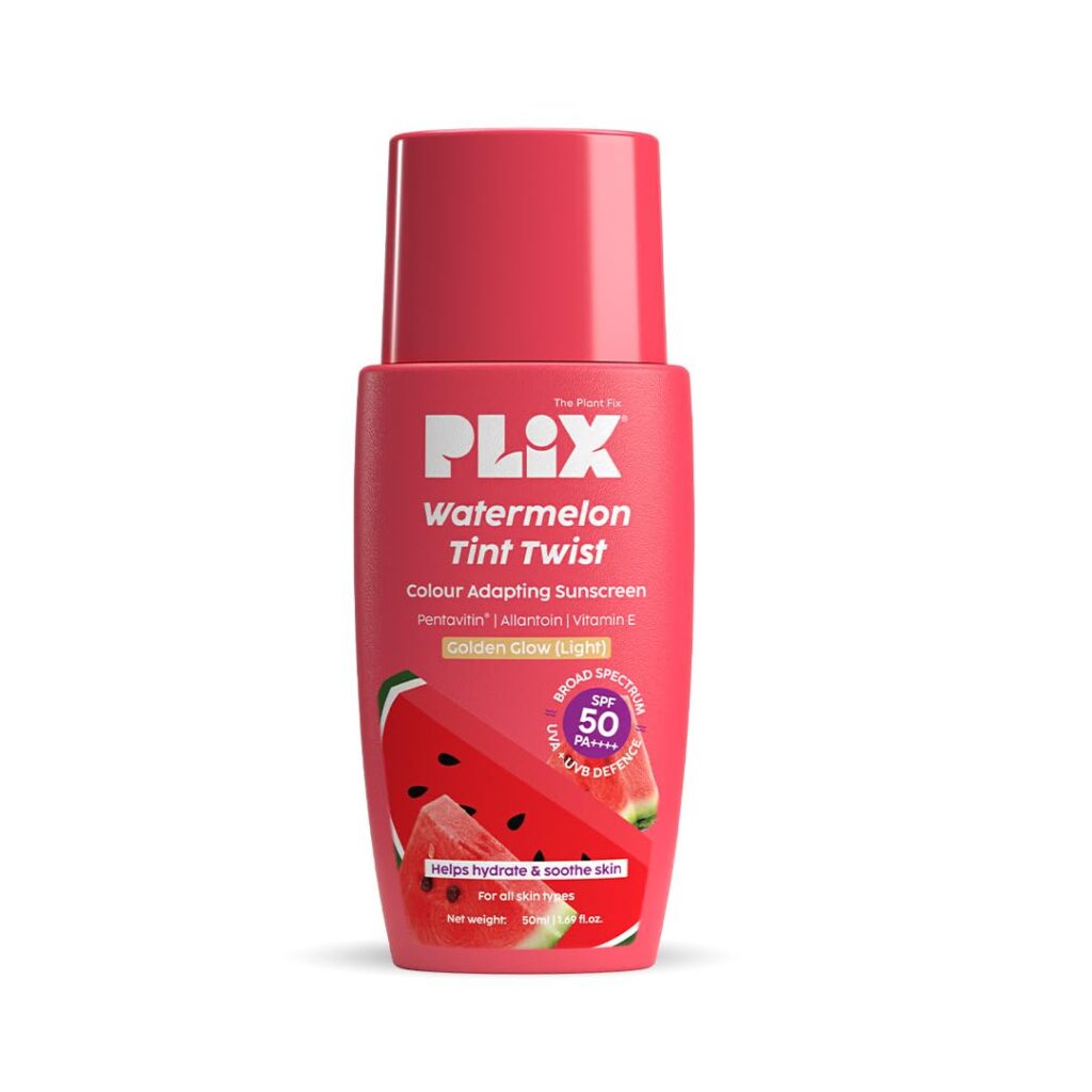 PLIX - THE PLANT FIX Watermelon Tint Twist Color-Adapting Sunscreen | For light coverage & instant glow | SPF 50 PA++++ | Pentavitin®, Suncat DE™ | Sun Damage & Tan Repair | low to medium coverage | Light Golden Glow