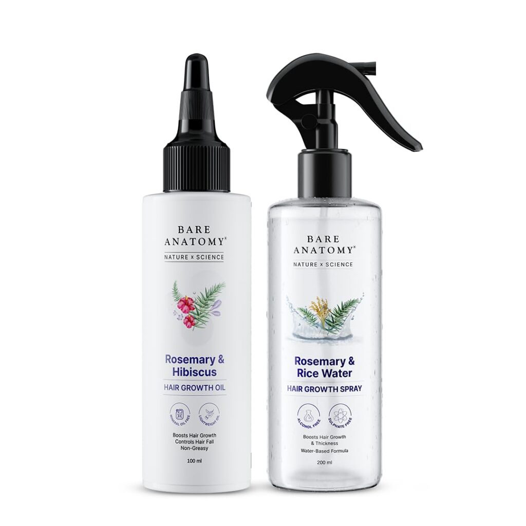 Bare Anatomy Rosemary Water Spray 200ml & Rosemary Hibiscus Hair Growth Oil 100ml | Hair Growth & Thickness | Rice Water & Hibiscus | Controls Hair Fall | For Men & Women | All Hair Types