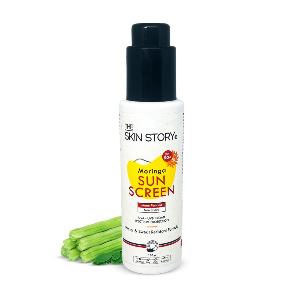 The Skin Story Moringa Sunscreen SPF 50 | Broad Spectrum UVA & UVB Protection | Anti-Aging Formula with Moringa Oil | Water & Sweat Resistant | Matte Finish | No White Cast | Suitable for All Skin Types | 100g