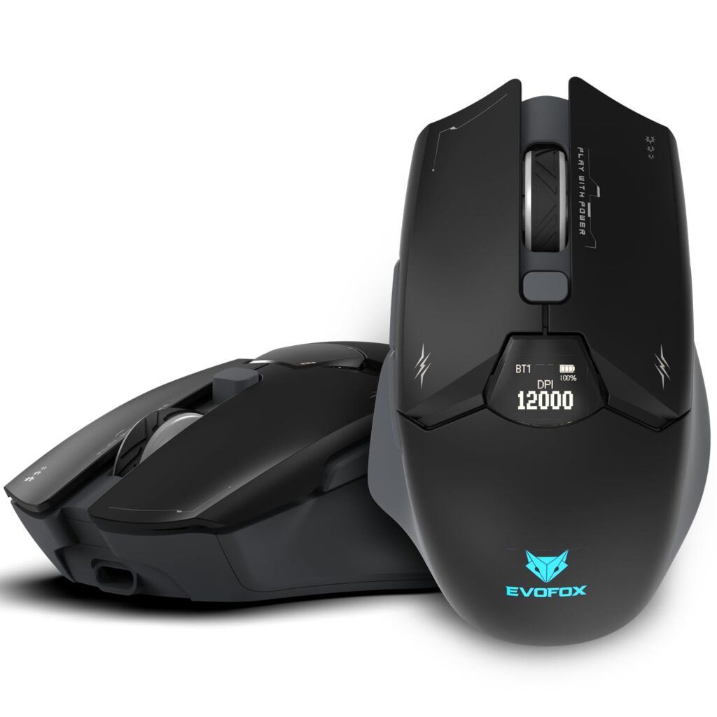 EvoFox Banshee 2 Wireless Mouse with Display for Gaming & Office Professionals Tri-Mode(2X BT,2.4G&Wired)| PixArt Sensor, 1000Hz Polling Rate, 12,000 DPI, 6 Programmable Buttons, Software Support
