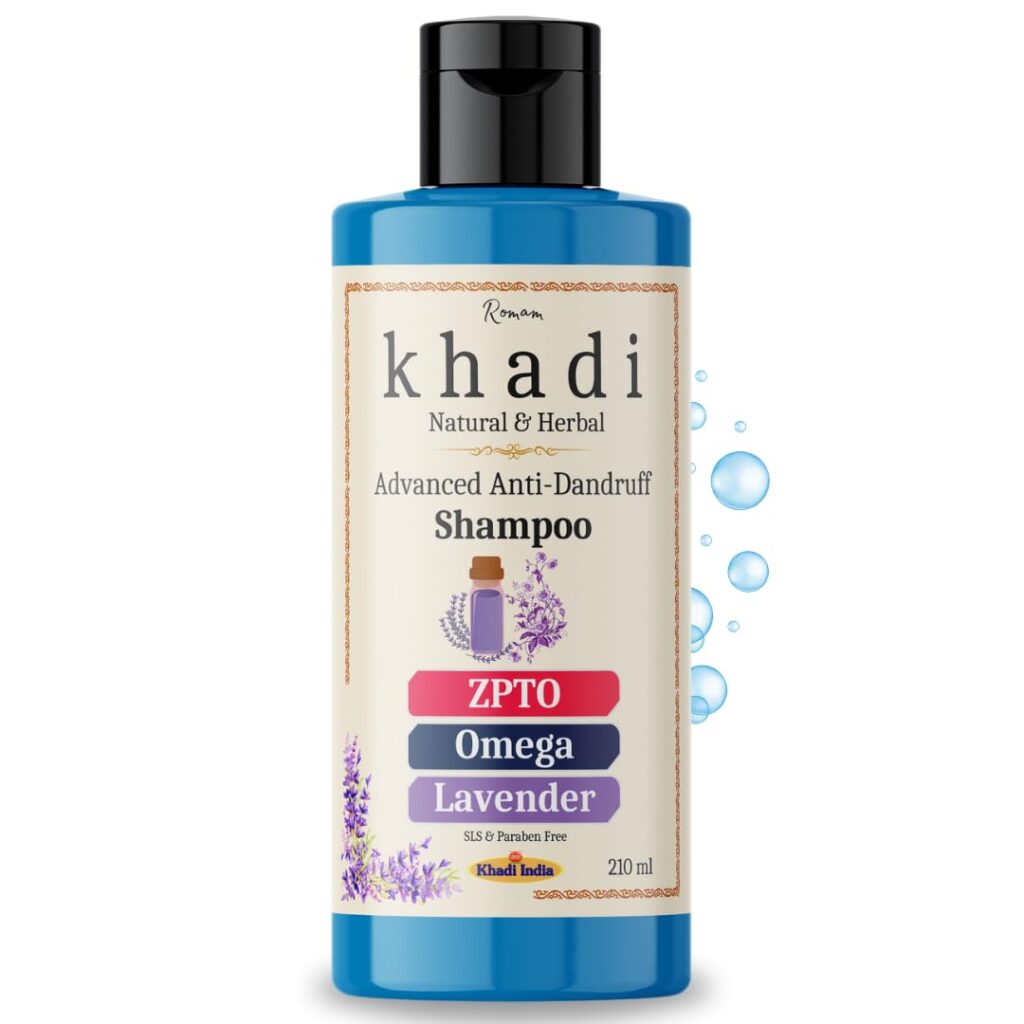 Khadi Advanced Anti-Dandruff Shampoo with ZPTO, Omega & Lavender | Controls Dandruff & Soothes Scalp | Sulfate, SLS & Paraben Free | Khadi Natural Shampoo for Women & Men 210 ml