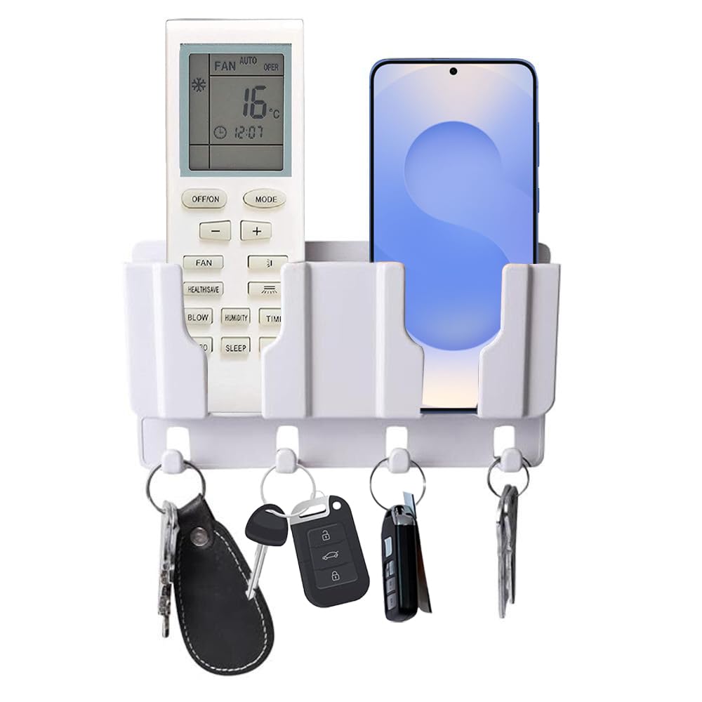 Prolet Wall Mounted Remote Control & Phone Holder With 4 Hooks – Adhesive Charging Stand & Storage Box for AC/TV Remotes and All Smartphones (White) – Pack of 1