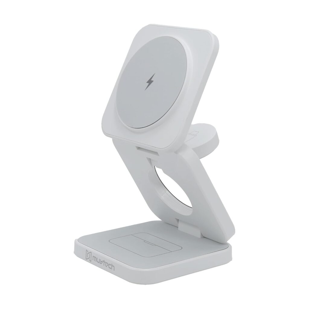 Muvtech Prism 15W Wireless 3-in-1 Magnetic Hold Foldable Charger Fast Phone Charging Compatible with iPhones, AirPods, iWatch & Other Magnetic Charging Support Devices (White)