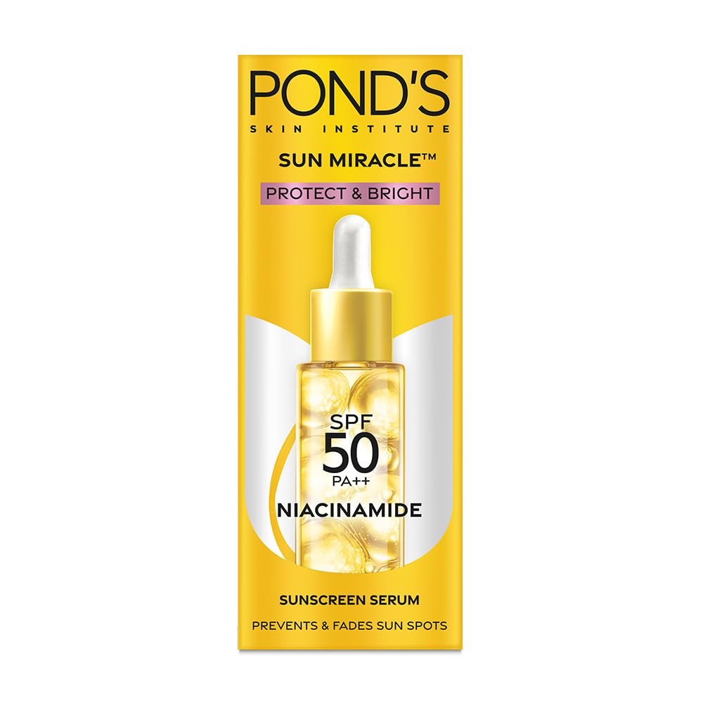 POND’S Sun Miracle SPF 50 PA++ Sunscreen Serum - Protect & Bright, With 1.25% Niacinamide, Prevent & Fade Dark Spots, Lightweight, No White Cast 14ml