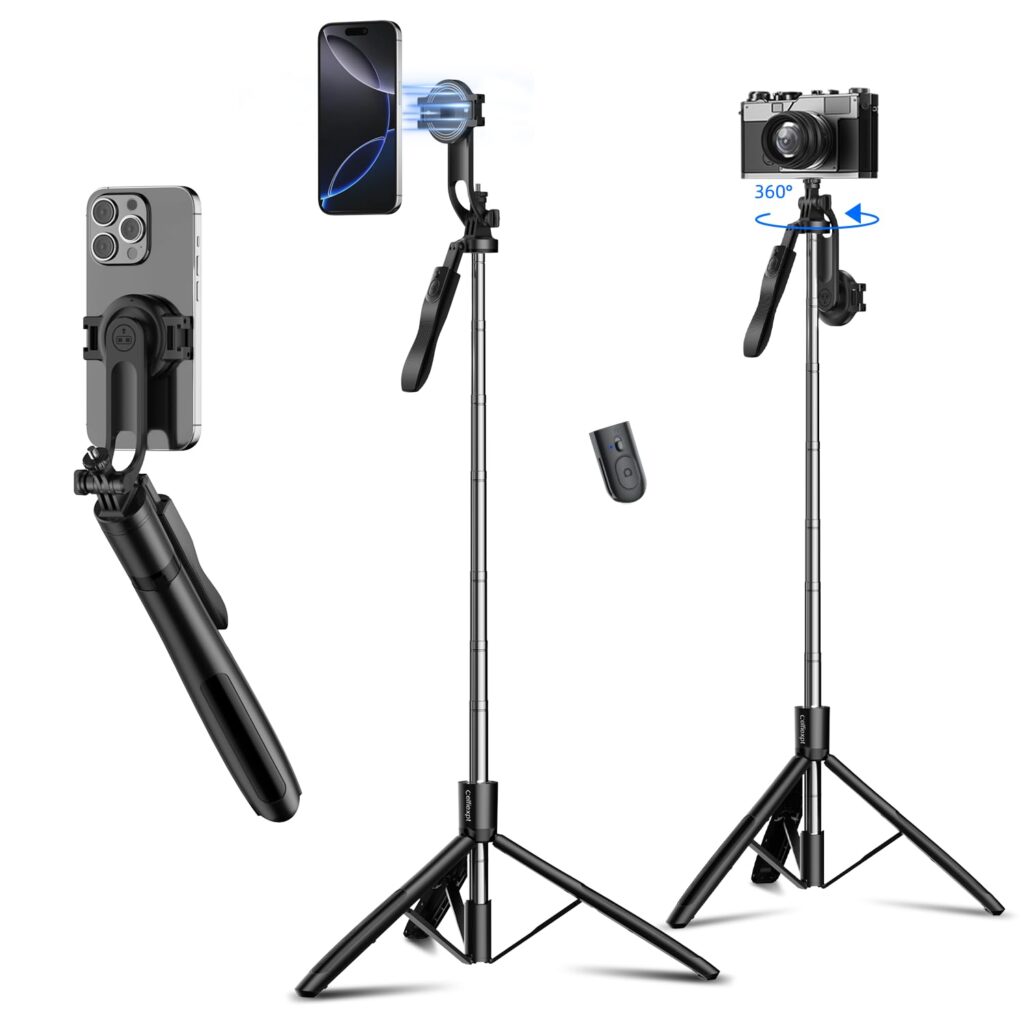 71" Magnetic Selfie Stick Tripod with 360° Rotating Anti-Shake Handle & 1/4" Screw for Camera 2 in 1 Multi-Function Long Stable Tripod Stand for Mobile Phone Video Vlogging Travel