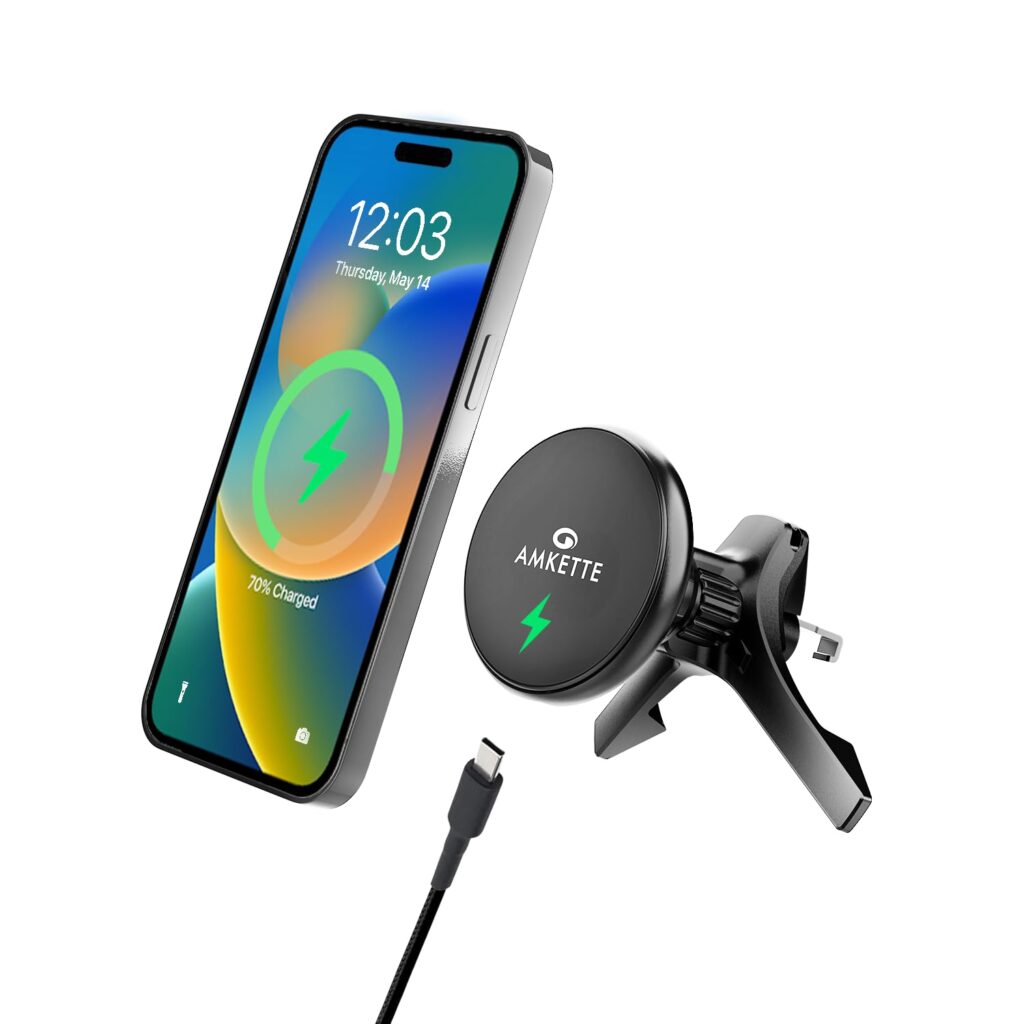 Amkette iGrip Car Wireless Charger with Ultra Stable Air Vent, Hook & Clamp Design, 15W MagSafe Compatible, Magnetic Mobile Holder for Car | MagSafe Ring for Wireless Charging Smartphones