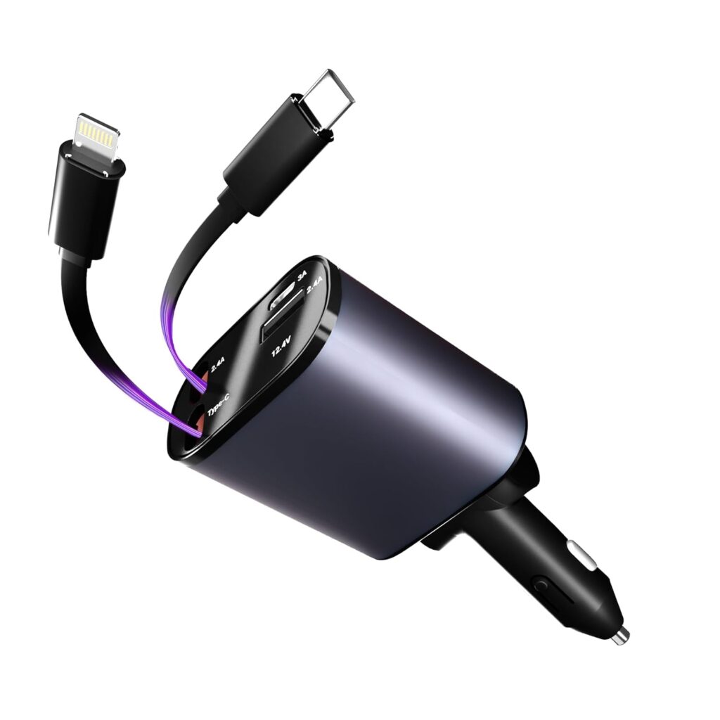 AILKIN 120W 4 in 1 Retractable Car Charger,Fast Car Phone Charger,Retractable Cables & 2 USB Ports Car Adapter for Android Phones & iPhone 17/16/15/14/13/12/11 Pro Max,Xr,Ipad,Dash Cam & Other Devices