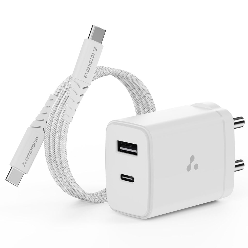 Ambrane 30W Dual Port GaN Charger, USB & Type C Fast Charging Adapter For iPhone 16/15/14/13/12/11 (Pro,Pro Max,Plus), iPad, Google Pixel, Samsung & All Type C devices BIS Certified (Charge 30, White)